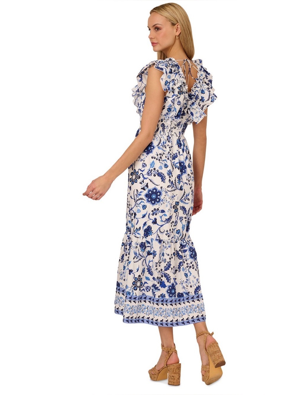 Adrianna Papell Ruffle Midi Dress w/ Blue & White Floral Print, Size 12, NWT - Picture 3 of 8